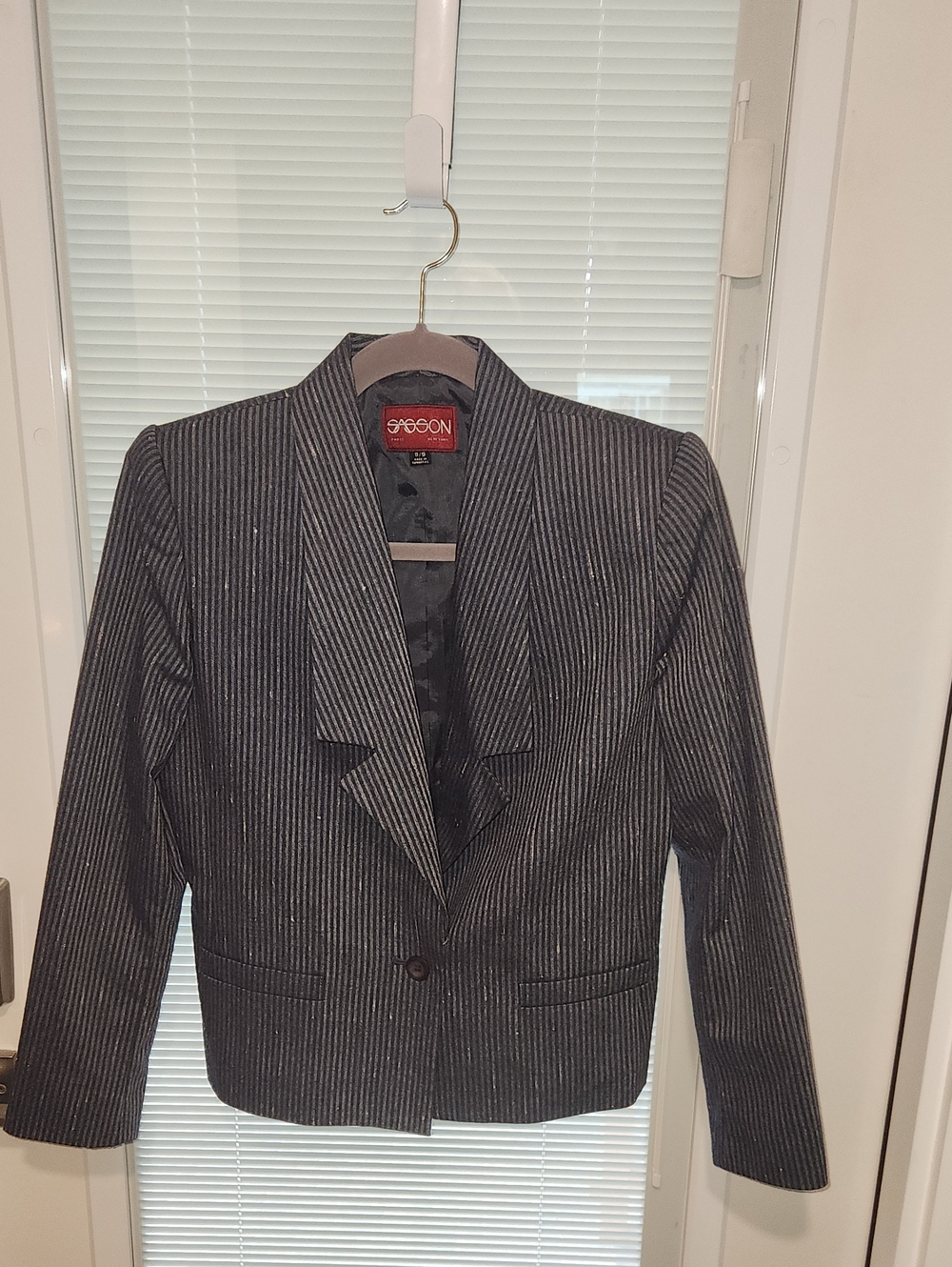 Sasson Women’s Pinstripe Blazer Jacket in Navy/gray Stripes With Tan Distressed